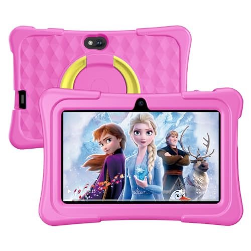 Kids Tablet, 7 inch Android Tablet for Kids, 6GB RAM 32GB ROM Quad-Core Toddler Tablet with Shockproof Case, Bluetooth, WiFi, Parental Control, 2MP+2MP Dual Camera, GPS, Games (Pink)