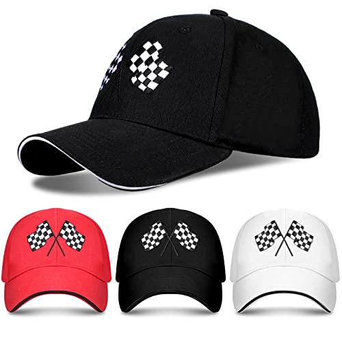 3 Pieces Baseball Cap for Men Women Checkered Flags Race Car Flag Adjustable Washable Trucker Hat Embroidery Unisex Dad Hat Sports Cap, White, Red, Black