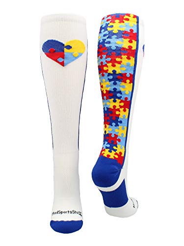 MadSportsStuff Puzzle Heart Autism Awareness OTC Socks (White/Royal, Large)