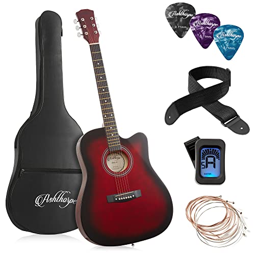 Ashthorpe 41-inch Beginner Cutaway Acoustic Guitar Package (Red), Full Size Basic Starter Kit w/Gig Bag, Strings, Strap, Tuner, Picks