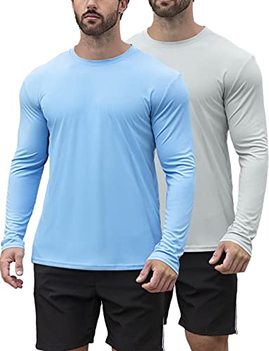 HOPLYNN 2 Pack Men's UPF 50+ Rash Guard and Quick-Dry Long Sleeves Shirts, Swim Surf Fishing Gear Shirts UV Sun Protection Shirts for Men Blue Grey Large