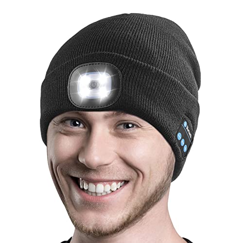 Ocatoma Bluetooth Beanie Warm Hat with Light Headphone Unique Tech Gifts for Men Dad Him Teenage Christmas Stocking Stuffers Black