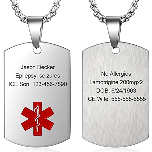 Wendy Made Custom Medical Alert Necklace for Men Women Stainless Steel Engraved Medical ID Tag Emergency Med Alert Necklace for Men & Women Medical Alert Jewelry (Silver, Customize)