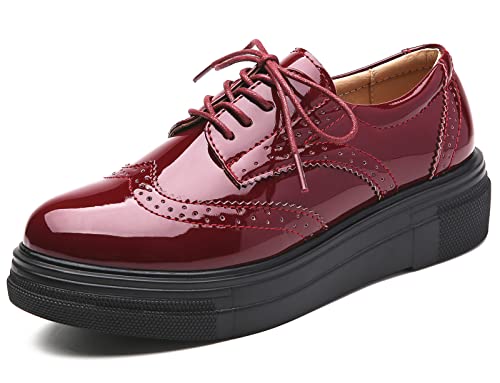 DADAWEN Women's Platform Lace-Up Comfort Wingtips Square Toe Oxford Shoes Brogues Red US Size 8