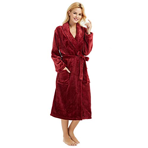 HEARTNICE Womens Fleece Robes, Soft Plush Long Bathrobe, Thick Kimono Robes for Womens, Warm House Coat (Wine, S/M)