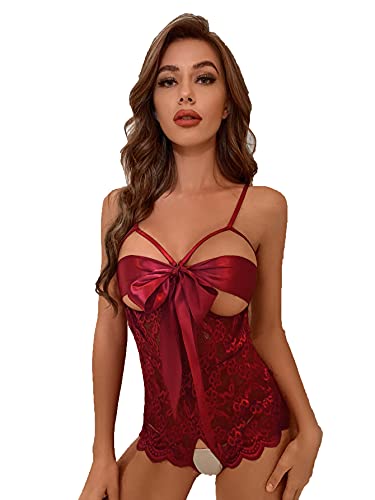 Romwe Women's Self Knot Front Teddy Lingerie One Piece Floral Lace Bodysuit Babydoll Burgundy M