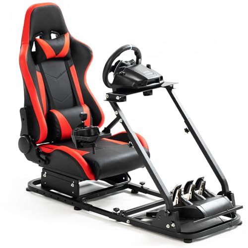 Marada Racing Simulator Cockpit Stand with Red Racing Seat Switching Gear Lever Removable fit for Logitech,Thrustmaster, G27 G29 G920 G923 T300RS, Racing Wheel Frame, No Wheel Pedal Shifter