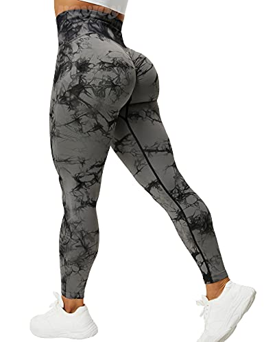 VOYJOY Tie-Dye Leggings for Women High Waisted Yoga Pants, Seamless Leggings Smile Contour High Waist Yoga Pants (Black Grey, Medium)