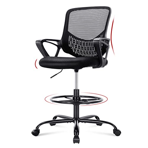 HOMEFLA Mid-Back Mesh Drafting Chair - Tall Office Chair with Armrest Standing Desk Chair Counter Height with Adjustable Foot Ring (Black)