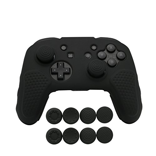 CHINFAI Silicone Case Grip for Switch Pro Controller with 4 Pair/8 Pcs Thumbstick Caps, (Black)