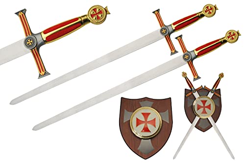 29.5' Red Knight's Templar Double Sword and Plaque Display Set
