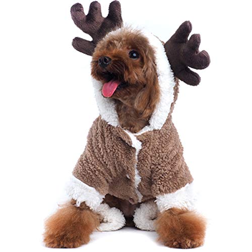 AOFITEE Pet Christmas Reindeer Costume Doggie/Cat Soft Comfy Coral Velvet Pajamas, Pet Warm Winter Hoodies Jumpsuits for Holiday Party, M