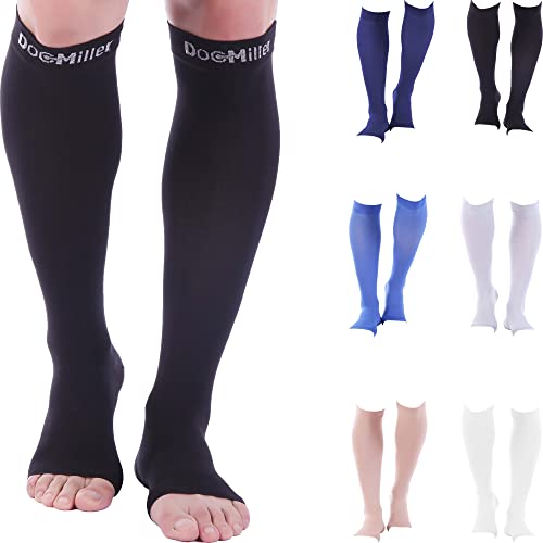 Doc Miller Open Toe Compression Socks Women and Men 30-40mmHg - Knee High Toeless Socks, Recovers Shin Splints, Achilles Tendon Varicose Veins 1 Pair Large Black