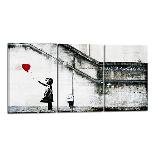 Wieco Art Banksy Grafitti Girl with Red Balloon Modern 3 Piece Famous Canvas Paintings Wall Art Inspirational Grey Love Pictures Print Artwork for Dining Room Kitchen Home Office Decor