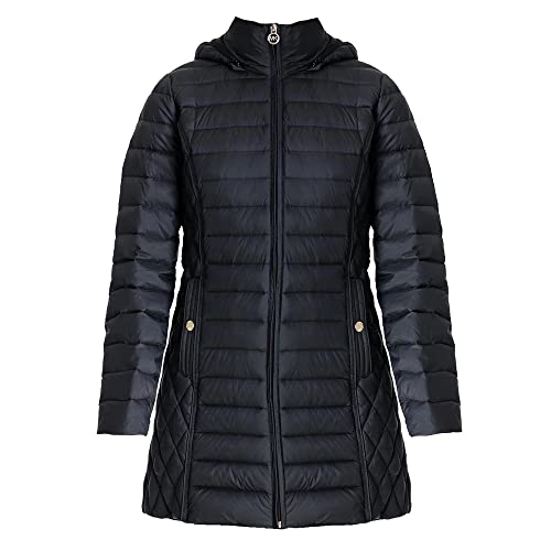 Michael Michael Kors Women's Black Hooded Down Packable Jacket Coat with Removable Hood 3/4 Length Long (L)