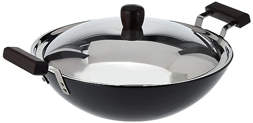 Futura L-47 Hard Anodised Flat Bottom Deep Fry Pan / Kadhai with Stainless Steel Lid, 5-Liter