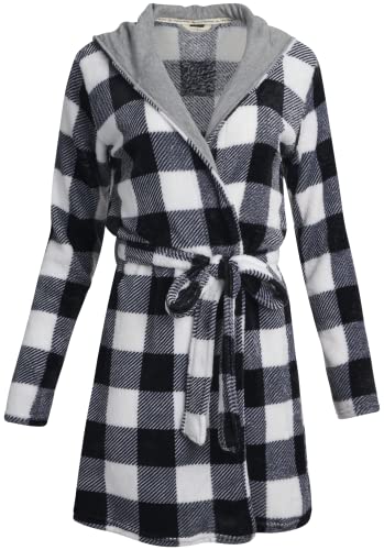 Lucky Brand Women's Bathrobe - Fleece Shawl Collar Belted Robe with Hood, Size Large, Black/White
