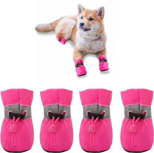 YAODHAOD Dog Shoes for Small Dogs, Anti-Slip Dogs Boots & Paw Protector for Winter Snowy Day, Summer Hot Pavement Dog Booties with Reflective Straps, Cat Dog Shoe for Indoor Hardfloors (Pink, 4)