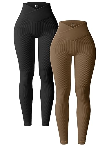 OQQ Women's 2 Piece Yoga Leggings Ribbed Seamless Workout High Waist Cross Over Athletic Exercise Leggings Black Coffee