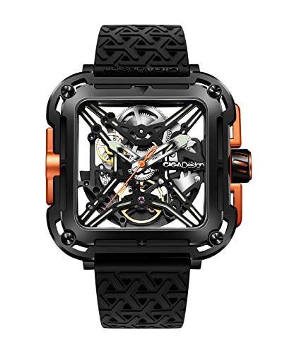 CIGA Design Mechanical Automatic Watch X Series SUV Inspired Anti-Shock Design Sapphire Crystal Analog Skeleton Watches with Silicone and Nylon Strap for Men and Women (Black&Orange)