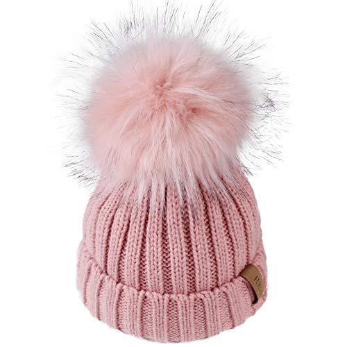Kids Winter Knitted Pom Beanie Bobble Hat Cotton Lined Faux Fur Ball Pom Pom Cap Unisex Kids Beanie Hat