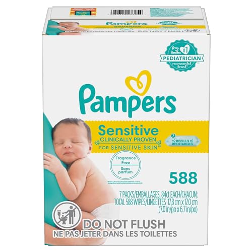 Pampers Sensitive Baby Wipes - Refill Packs, 588 Count, Water Based, Hypoallergenic and Unscented (Packaging May Vary)