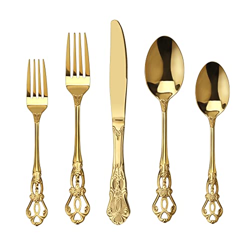 Runfly Gorgeous Retro Royal Gold Stainless Steel 20 Pieces Flatware Set, Golden Silverware Set, Anti-rust Stainless Steel Gold Cutlery Set Utensils Including Fork Spoon and Knife