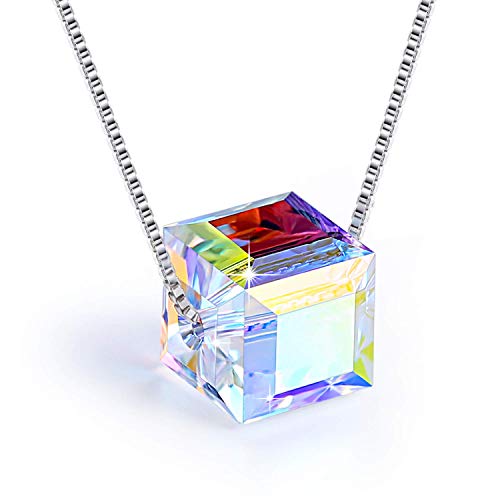 PLATO H Girls S925 Sterling Silver Necklace Aurora Crystals Cube Pendant Necklace for Women Unique Jewelry Gifts with Exquisited Gift Box Valentines Mothers Day Gifts for her