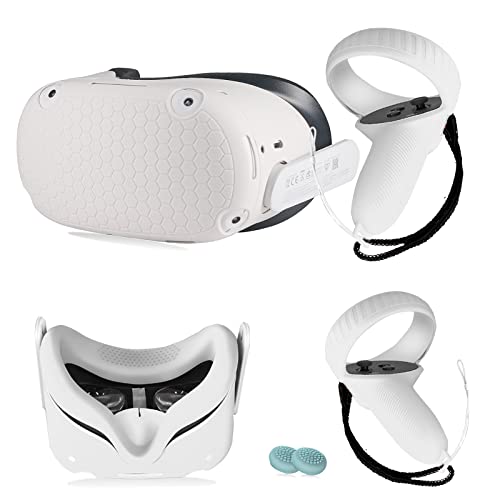 for Oculus Quest 2 Accessories, 4 in 1 VR Silicone Cover Set for Meta Quest 2, Controller Grips Cover, Anti-Fogging VR Face Cover, VR Headset Shell Protective Cover, Shakes Stick Caps White