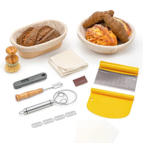 Sourdough Bread Proofing Basket Set With Food Thermometer, CODOGOY 10 inch Oval & 9 inch Round Banneton Bread Baking Supplies Set
