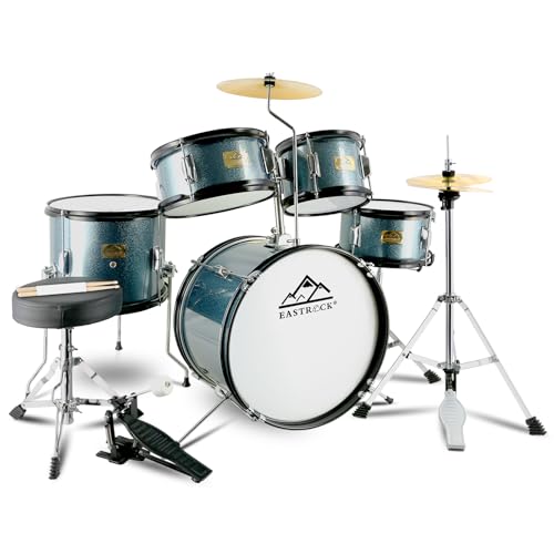 EASTROCK Kids Drum Set, 5 Piece 16' Junior Drum Sets for Kids, Younth,Drummer, Beginner Drum Set for 7-12 Years Old with Throne,Cymbal,Pedal,Drumsticks（Gray）