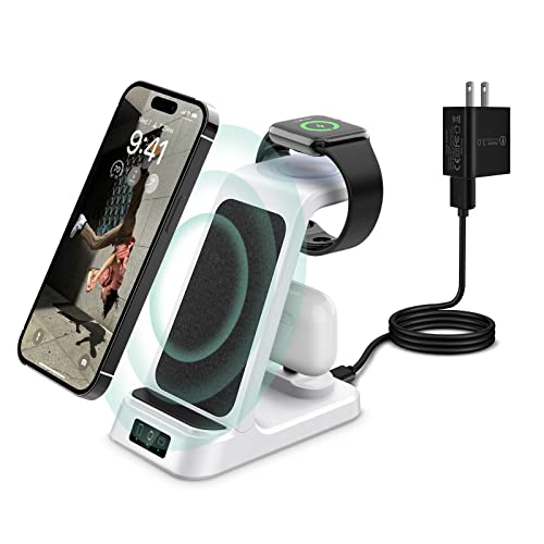 DDUAN Wireless Charging Station, 3 in 1 Fast Charging Stand, Wireless Charger for Apple Watch 8/7/6/5/4/3 & iPhone15/14/13/12/11/Pro/Max/X/XS/Max/XR/8, Airpods/Pro(QC3.0 Adapter Included)-White