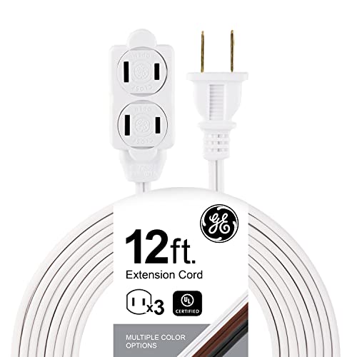GE 3-Outlet Extension Cord with Multiple Outlets 12 Ft Extension Cord Power Strip 2 Prong 16 Gauge Twist-to-Close Safety Outlet Covers Outdoor Extension Cord Outlet Extender UL Listed White 51954