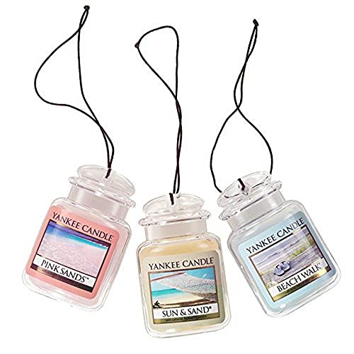 Yankee Candle Hanging Car Jar Ultimate 3-Pack Air Fresheners, Neutralizes Odors Up to 30 Days, Includes: Beach Walk, Pink Sands, and Sun and Sand (Pack of 3)