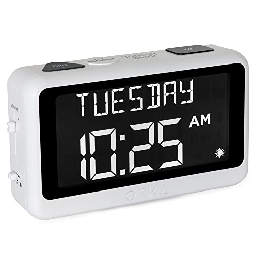 ORKA Talking Clock. Voice Recordable Medication Pill Reminder. Talking Alarm Clock for Dementia, Hearing and Visually impaired Seniors-Digital Day Clock with Multiple Customized Alarms Ex Large White