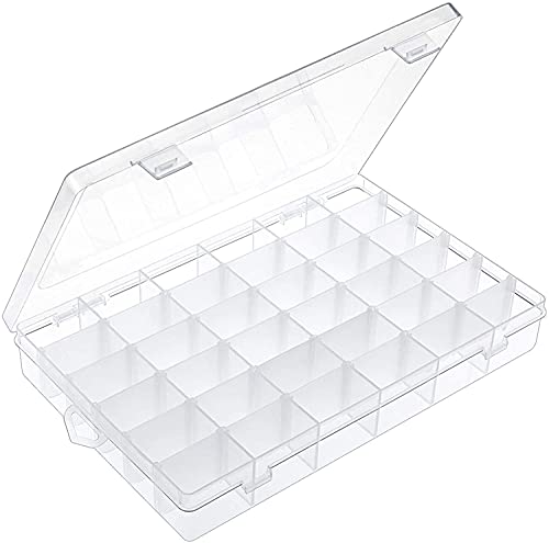 OUTUXED 2pack 36 Grids Clear Plastic Organizer Box Container Craft Storage with Adjustable Dividers for Beads Organizer Art DIY Crafts Jewelry Fishing Tackles with 5 Sheets Label Stickers