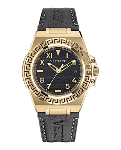 Versace Greca Reaction Collection Luxury Mens Watch Timepiece with a Black Strap Featuring a IP Yellow Gold Case and Black Dial