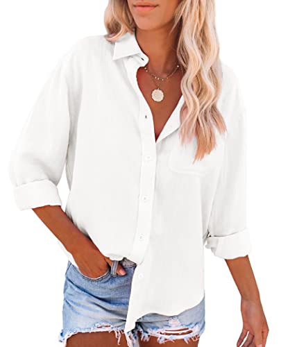 siliteelon Womens Button Down Shirts Cotton Dress Shirts Long Sleeve Blouses V Neck Solid Casual Tunics Tops with Pockets - White S