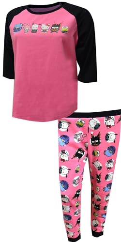 Bioworld Merchandising Women's Hello Kitty and Friends Pink and Black Thermal Waffle Pajama Set (Large)