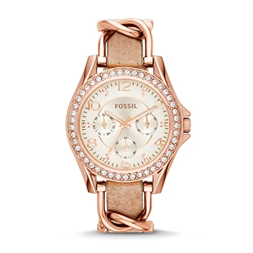 Fossil Women's Riley Quartz Stainless Steel and Leather Multifunction Watch, Color: Rose Gold, Sand (Model: ES3466)