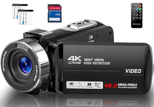 Camcorder Video Camera 4K Ultra 48MP with IR Night Vision,18X Digital Zoom Camcorder Recorder 3' 270° Rotation Touch screen Vlogging Camera for YouTube with Remote Control,2 Batteries,32GB SD Card