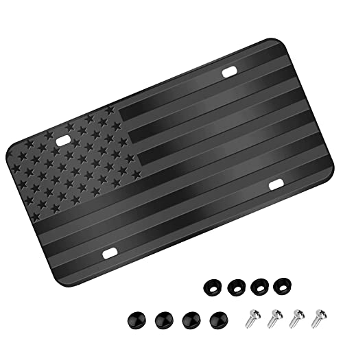 American Flag License Plate, Black Front Flag License Plates with 4 Holes,Custom Novelty Vintage Aluminum Metal 3D Embossed US License Plate with Screws Caps, 6 * 12 inches