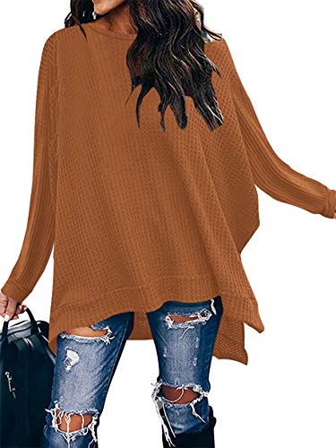 ANRABESS Women's Sweater Oversized Crewneck Long Batwing Sleeve Waffle Knit Casual Loose Split Hem Tunic Pullover Tops A138jiaotang-L Caramel