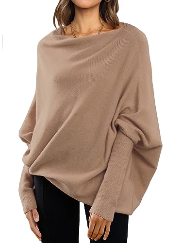 LILLUSORY Womens Oversized Sweaters Off The Shoulder Long Batwing Sleeve Wrap Tunic Tops Cozy Pullover Sweater Winter Fall Brown