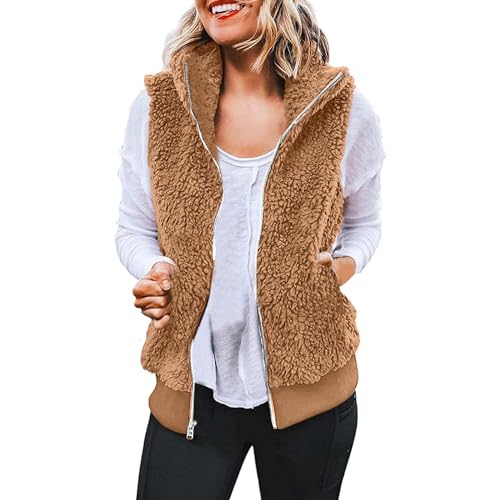 Women 2023 Winter Fuzzy Fleece Vest Casual Zip Up Sleeveless Jacket Camisole Lightweight Warm Comfy Waistcoat Outwear Khaki Sweatshirt