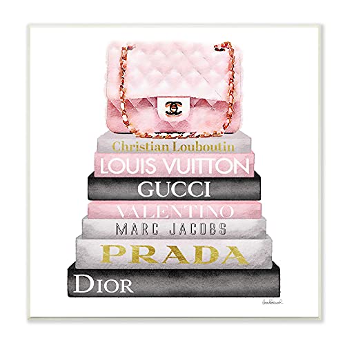The Stupell Home Decor Collection Watercolor High Fashion Bookstack Padded Pink Bag Wall Plaque Art, 12 x 12, Pink, for Bedroom