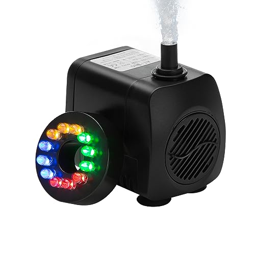 Fountain pump Submersible Water pump Kit with LED Light 220 GPH Waterproof Silent outdoor Pond pump Small Aquarium pump for Hydroponic Aquarium Air Fish tank with Decorations Plants Sunterra