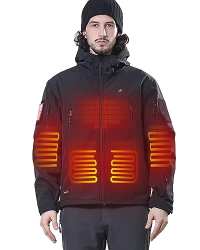 DEWBU Heated Jacket for Men with 12V Battery Pack Winter Outdoor Soft Shell Electric Heating Coat, Men's Black, XL