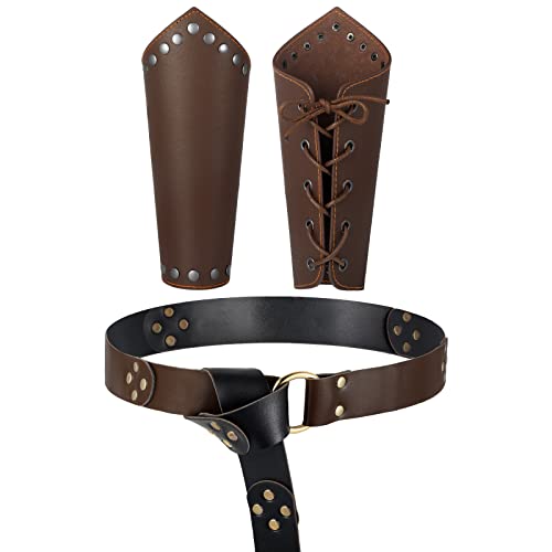 3 Pcs Faux Leather Arm Guards Halloween Medieval Knight Ring Belt Cosplay Viking Belt Gauntlet Wristband Renaissance Bracers for Women Men Brown