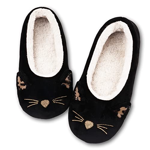 GaraTia Cat Slippers for Women Cute Animal Warm House Slippers Socks Winter Slip on Home Shoes Indoor Black 9-10 M US
